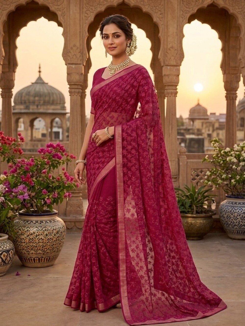 Women Pure Georgette Saree With Machine Chikan Designer Party Bollywood Festive